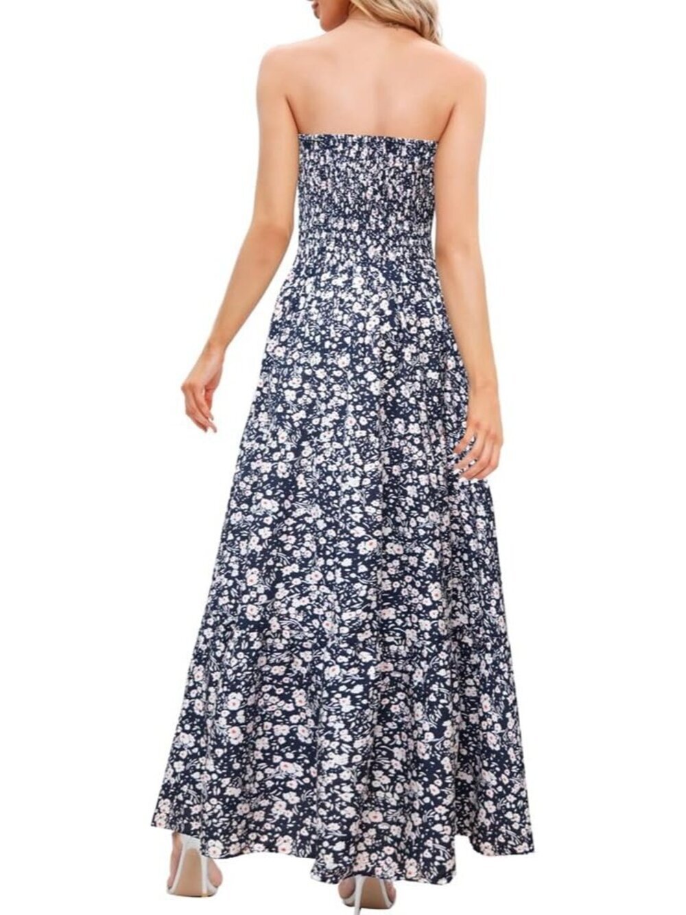 Women's Black Flower Casual Off Shoulder Strapless Tube Top Beach Maxi Dress - Picture 4 of 4
